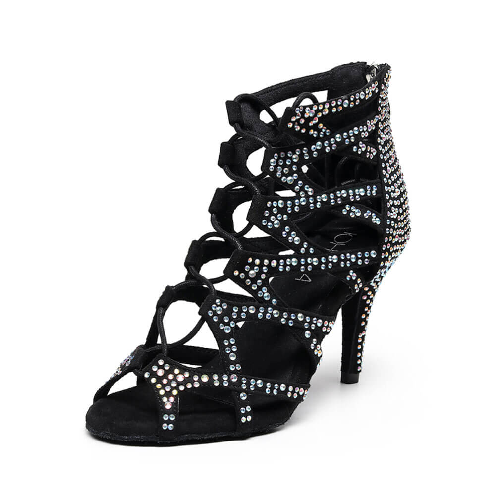Bottes de danse creuses à lacets noires avec strass