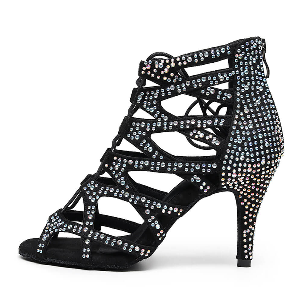 Bottes de danse creuses à lacets noires avec strass