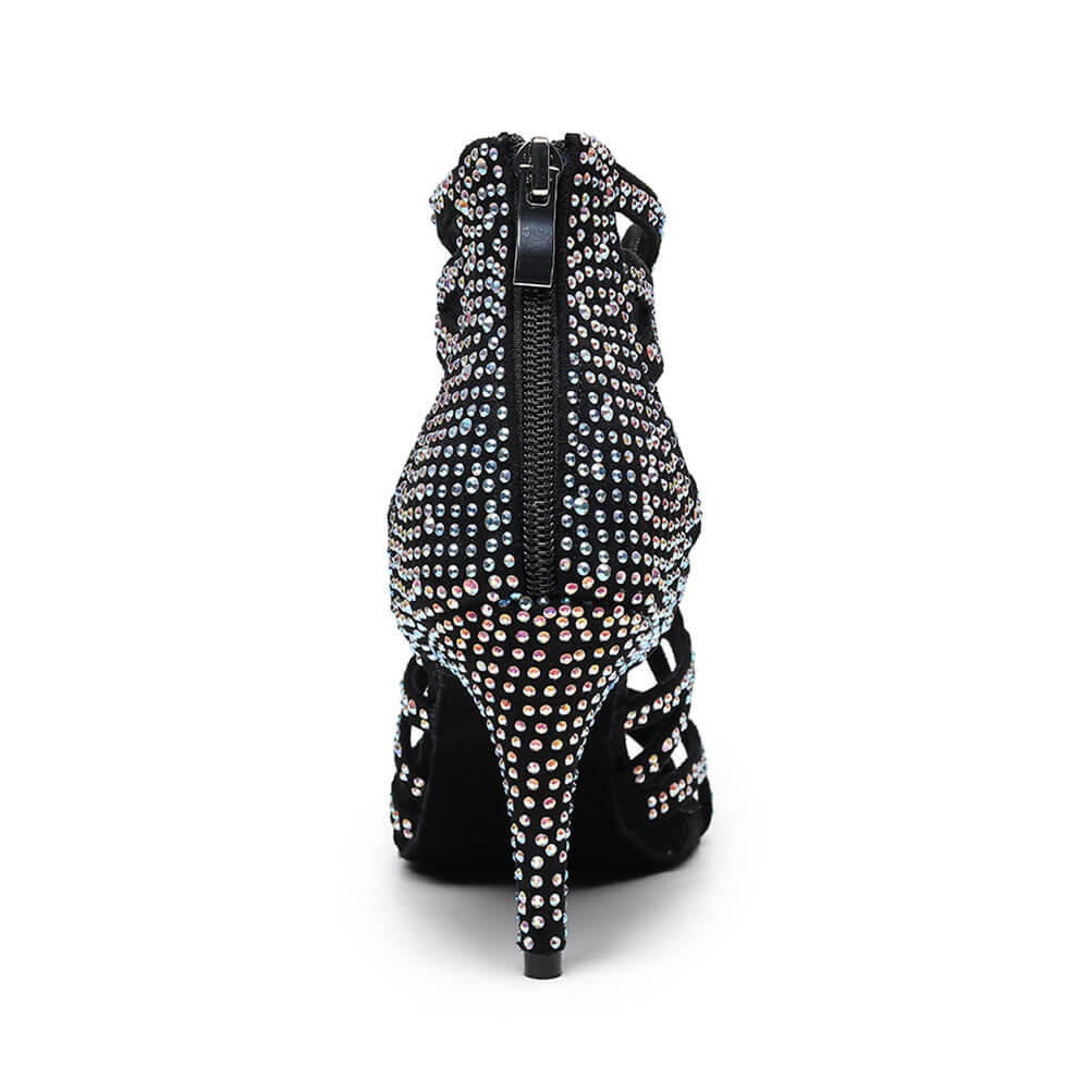 Stivali da ballo vuoti stringati neri con strass