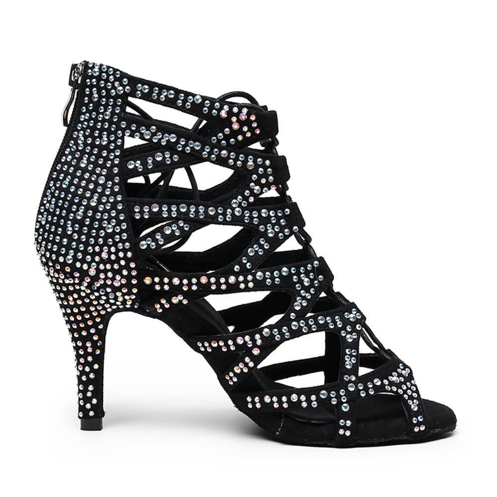 Stivali da ballo vuoti stringati neri con strass