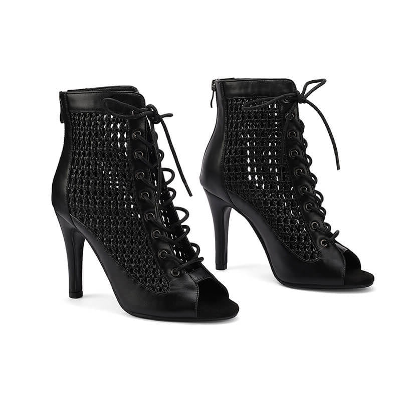 Black Matte Leather Woven Openwork Dance Boots