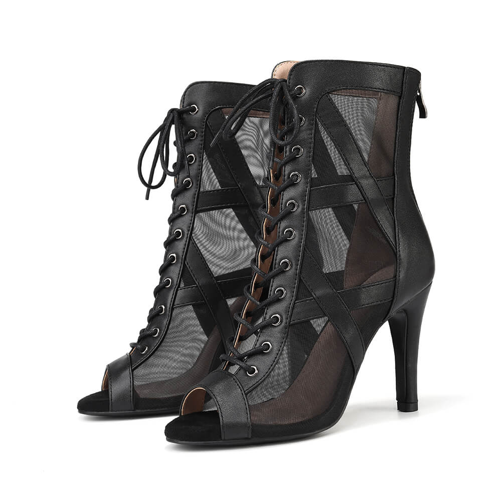 Black Mesh Cutout Dance Boots