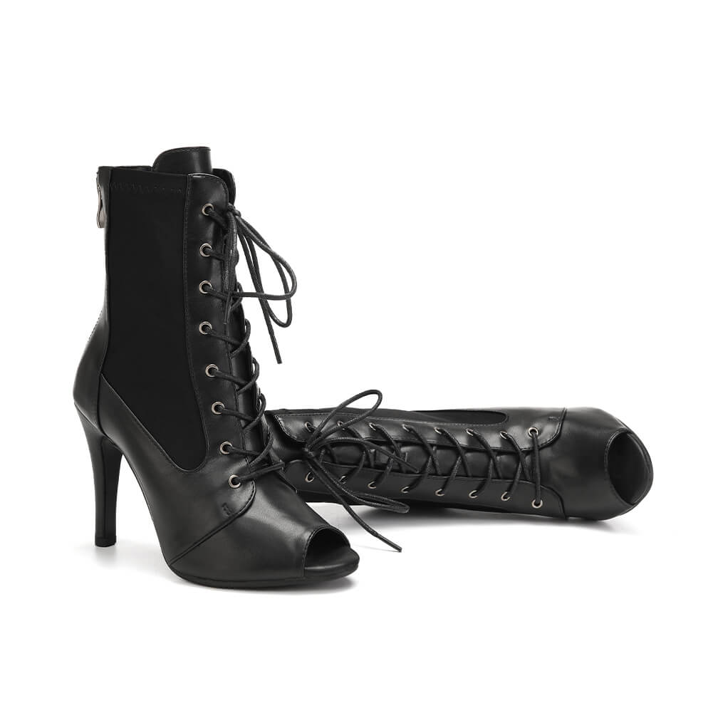 Stivali da ballo neri con punta aperta e lacci