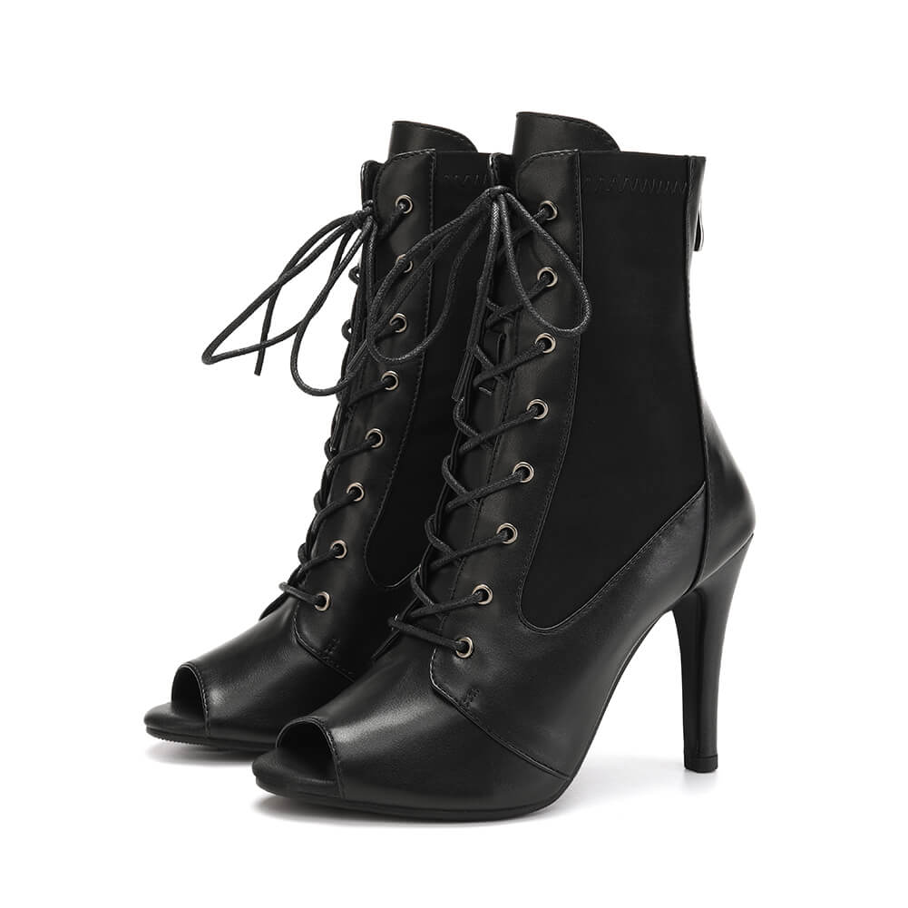 Stivali da ballo neri con punta aperta e lacci