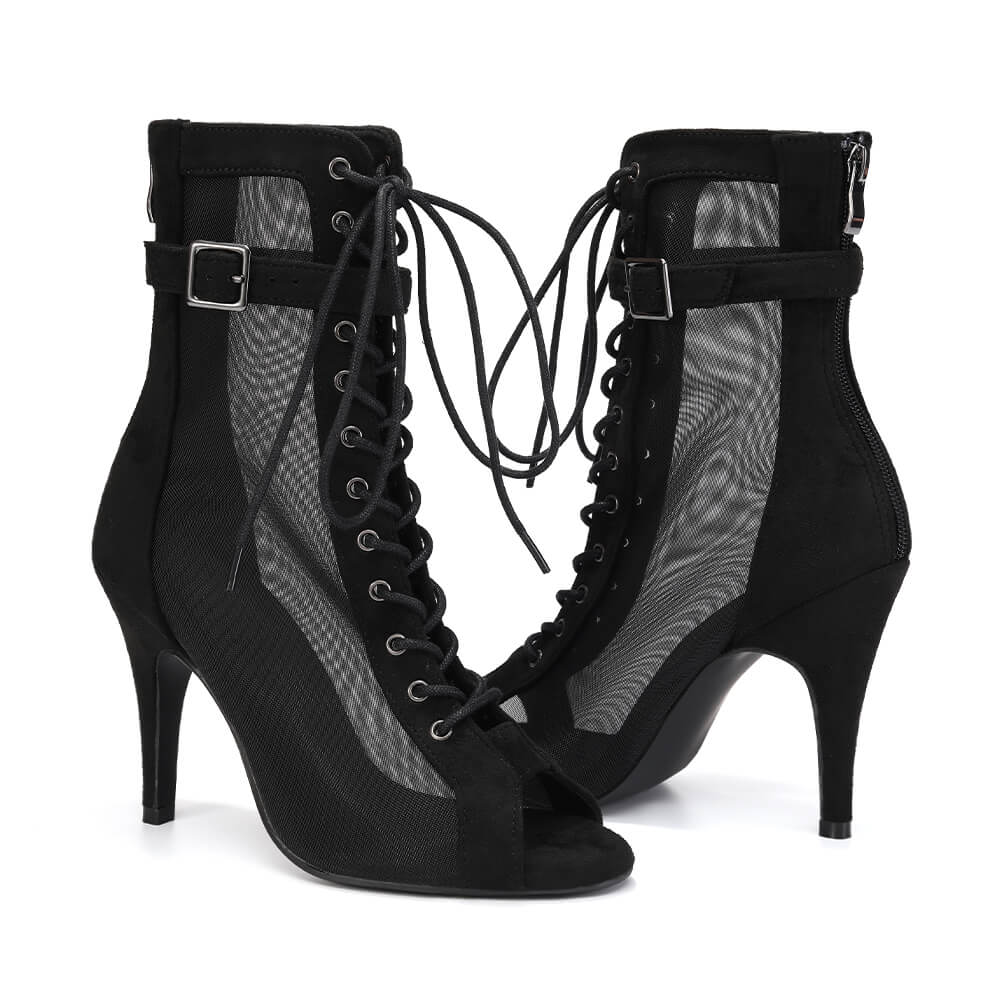 Stivaletti neri in rete con punta aperta