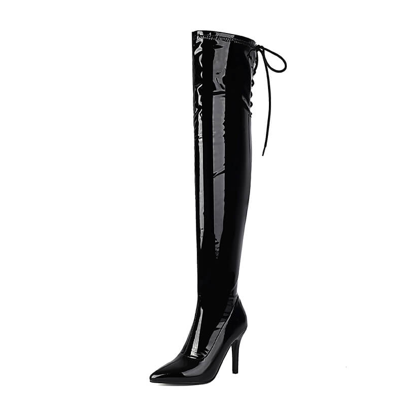 Stivali sopra il ginocchio con punta chiusa in vernice nera