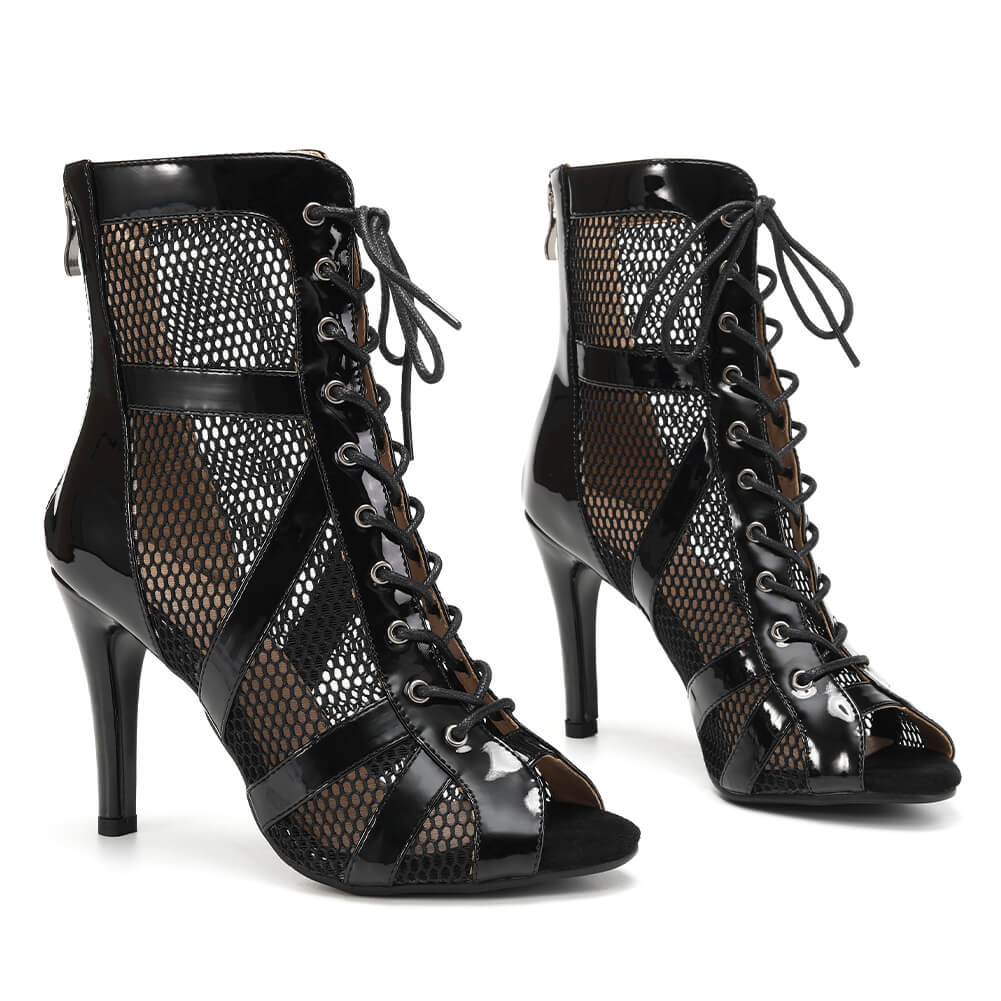 Stivali stiletto in pelle verniciata nera con lacci anteriori e rete