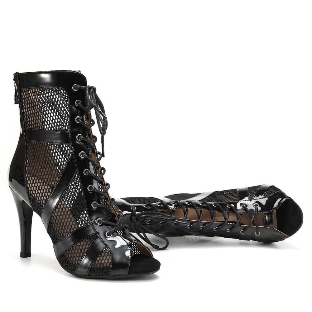 Stivali stiletto in pelle verniciata nera con lacci anteriori e rete