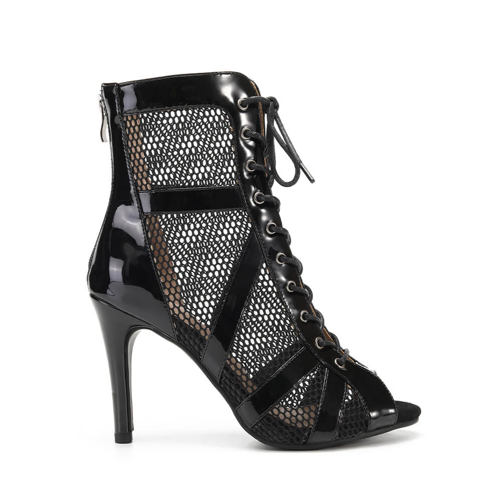 Stivali stiletto in pelle verniciata nera con lacci anteriori e rete