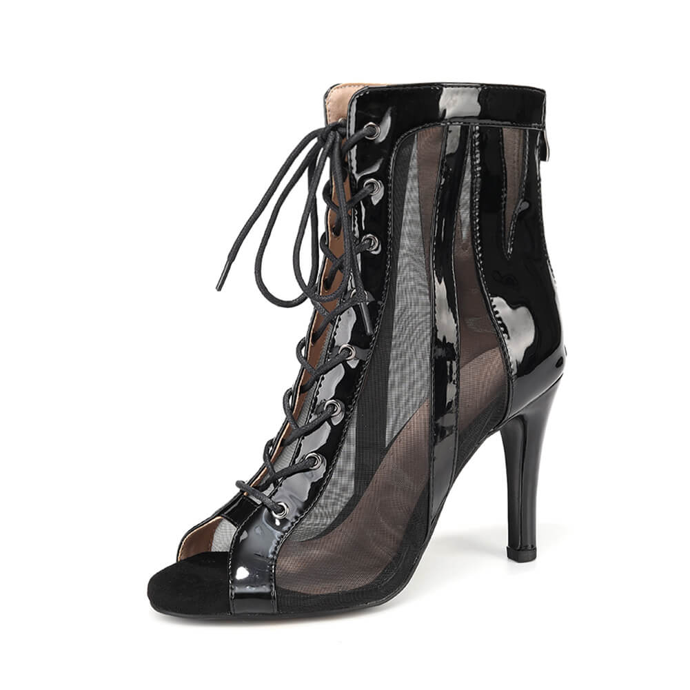 Black Patent Leather Mesh Dance Boots