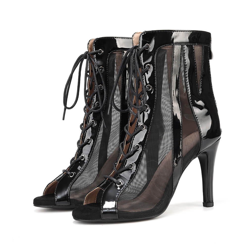 Black Patent Leather Mesh Dance Boots
