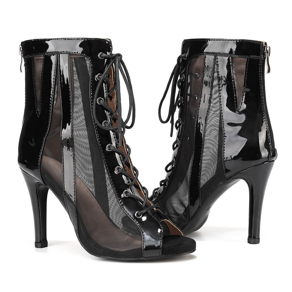 Black Patent Leather Mesh Dance Boots