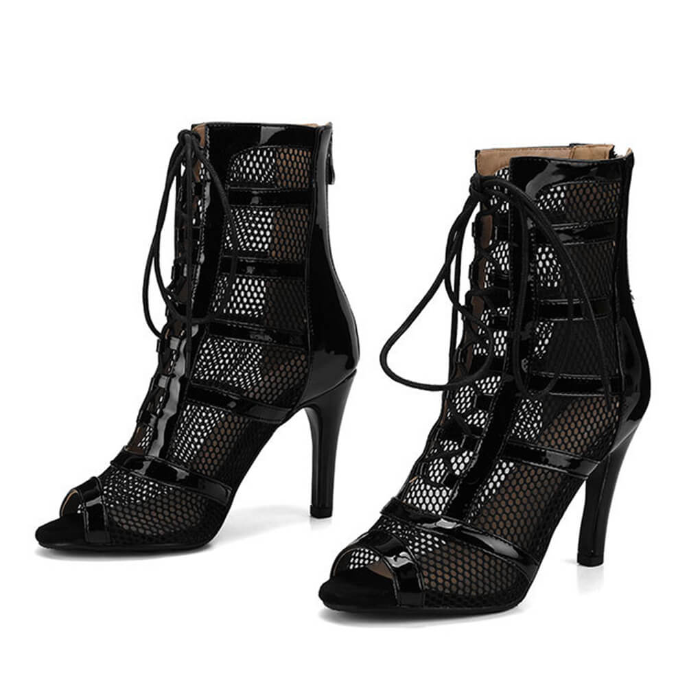Black Patent Leather Mesh Dance Boots