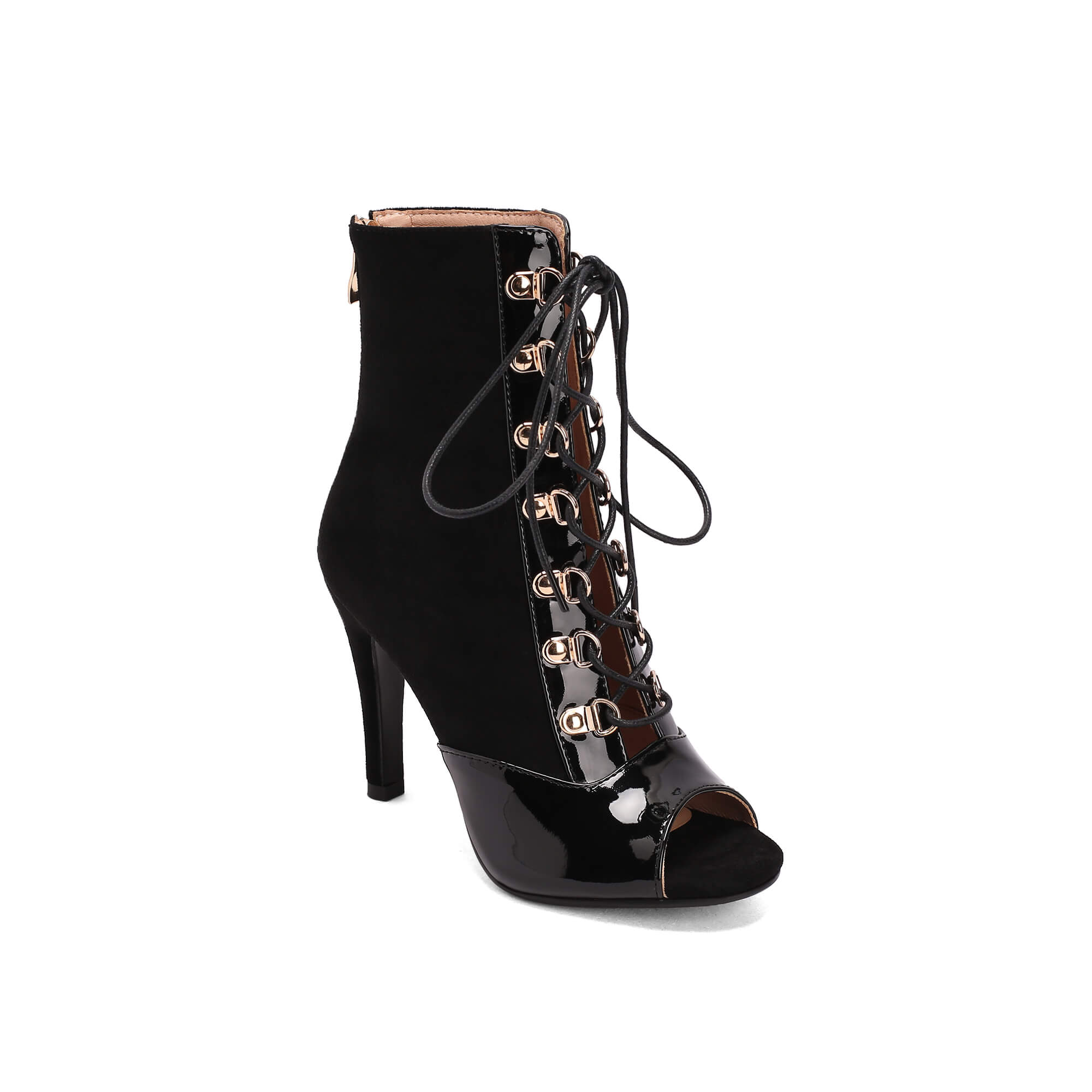 Stivali con tacco a spillo in rete, punta aperta e lacci sul davanti