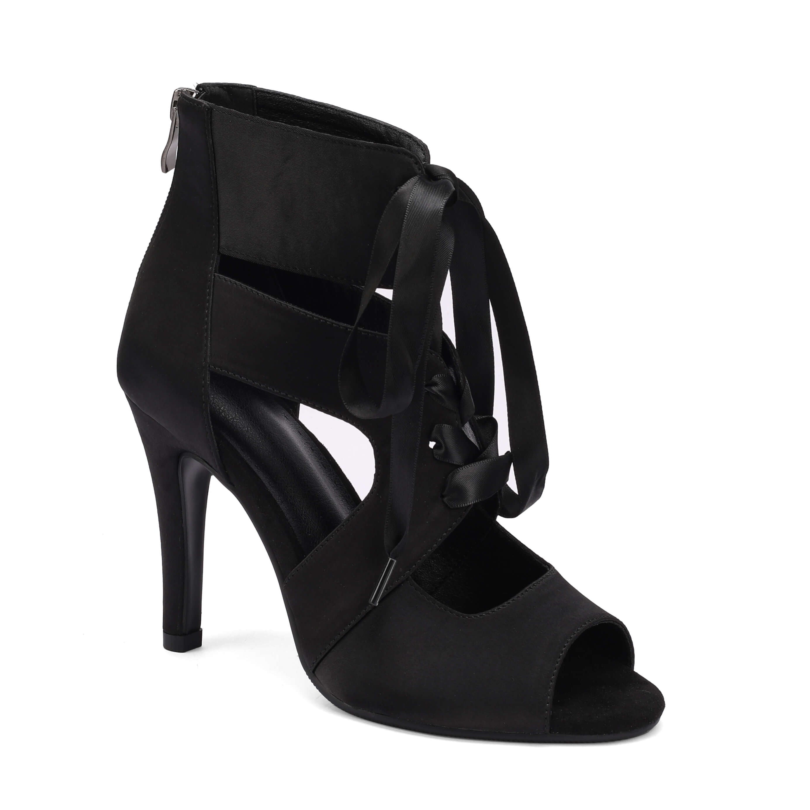 Stivali con tacco a spillo in rete, punta aperta e lacci sul davanti