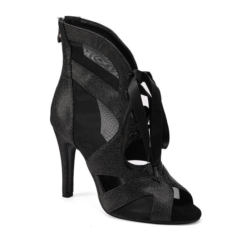 Stivali con tacco a spillo in rete, punta aperta e lacci sul davanti