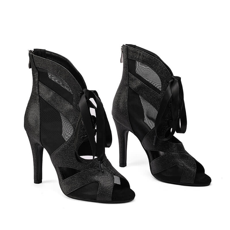 Stivali con tacco a spillo in rete, punta aperta e lacci sul davanti