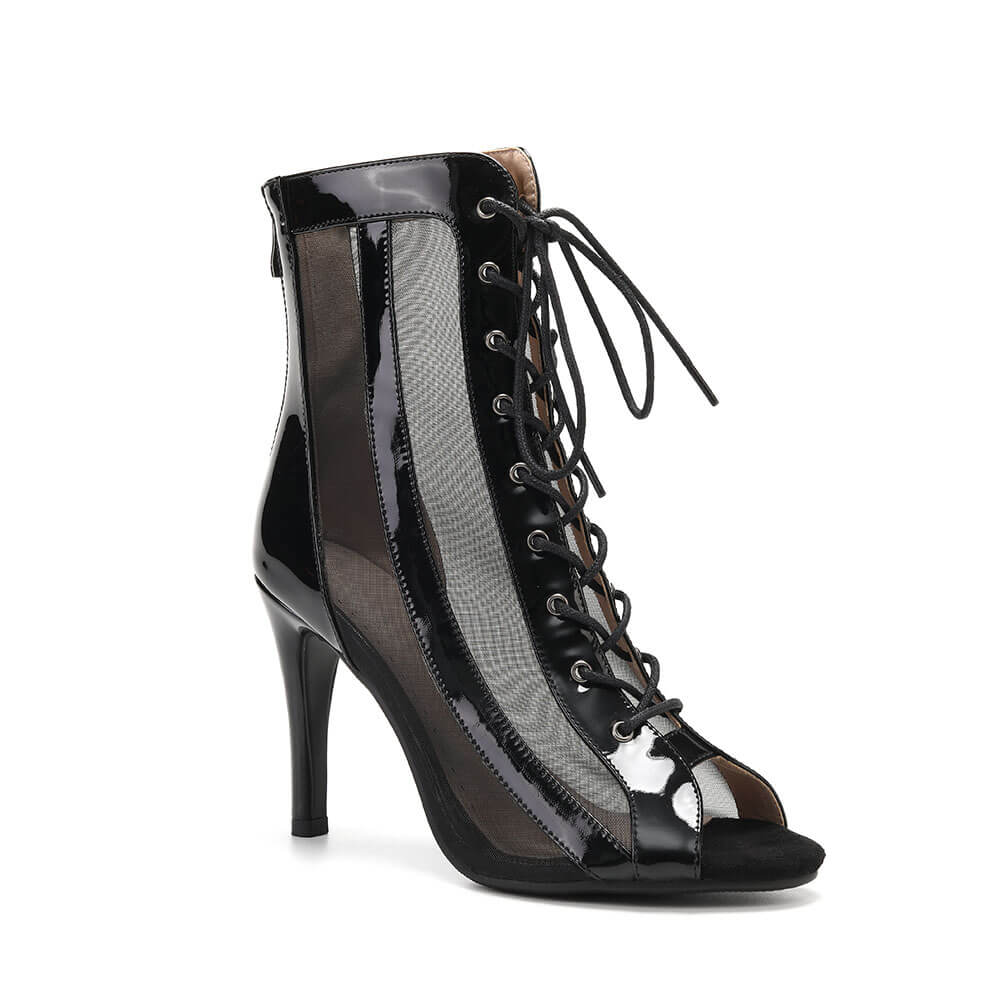 Stivali da ballo con lacci in rete da donna neri