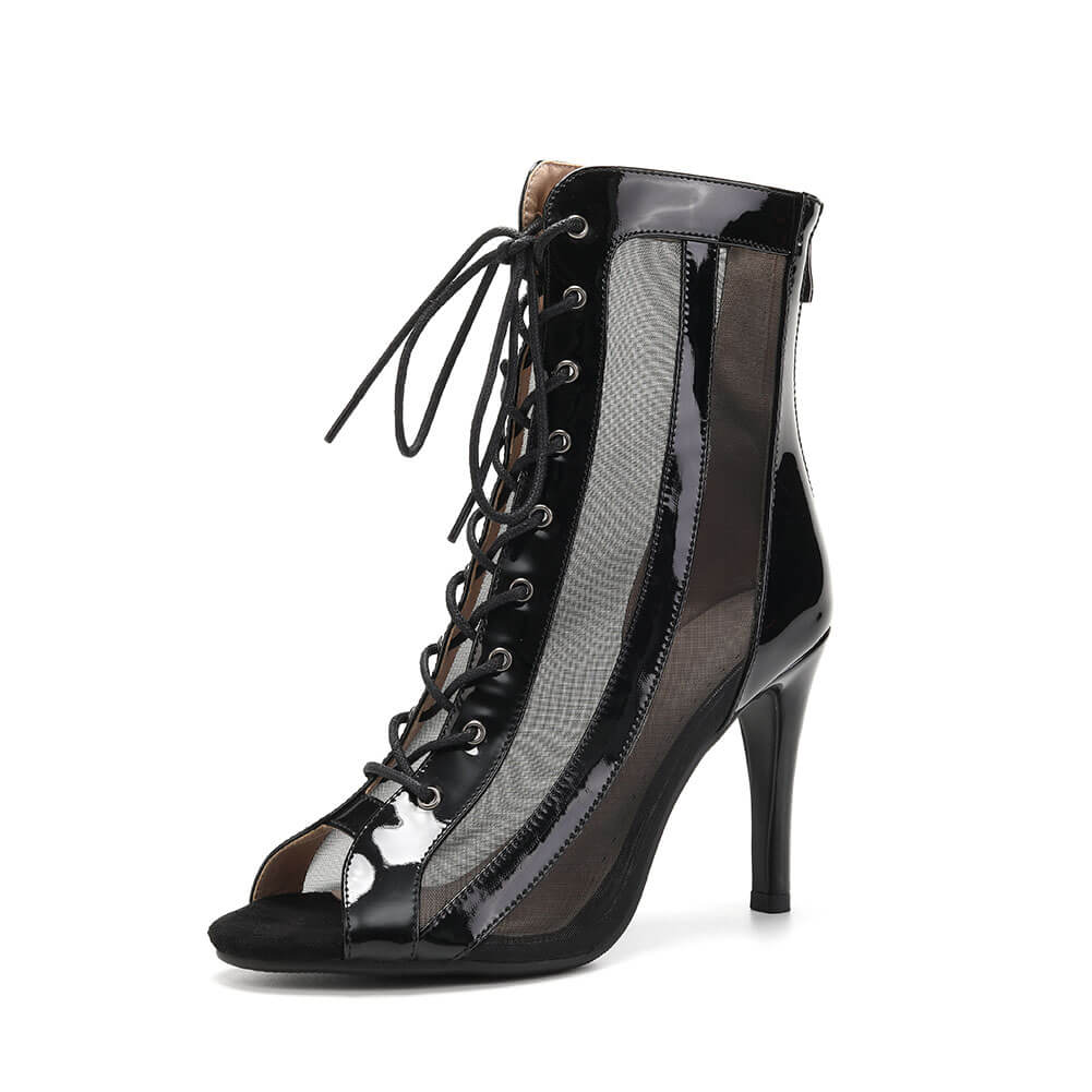Stivali da ballo con lacci in rete da donna neri