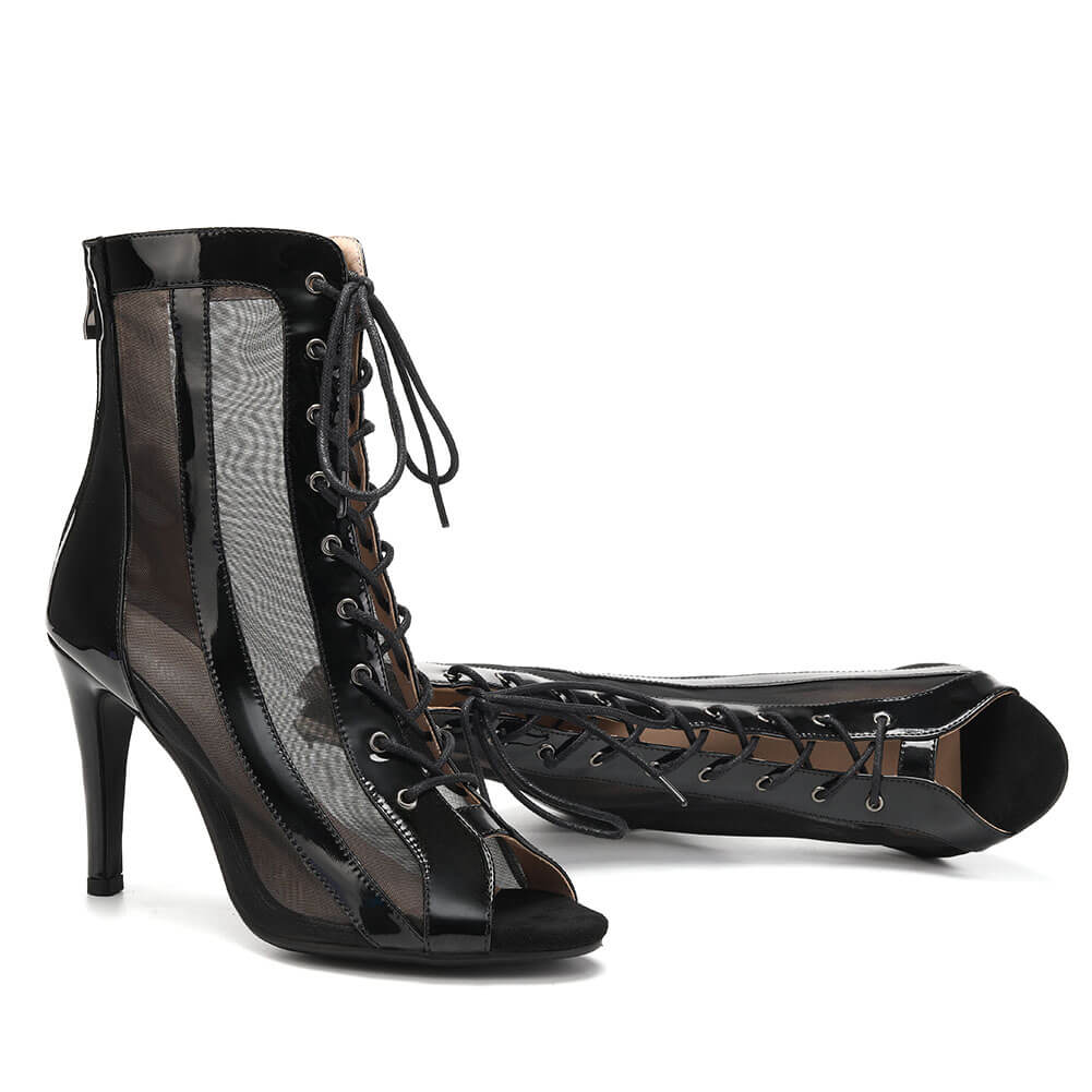 Stivali da ballo con lacci in rete da donna neri