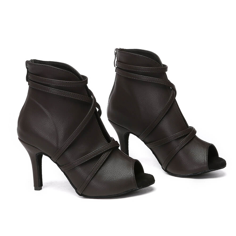 Stivali da ballo con cinturino avvolgente in pelle nera da donna