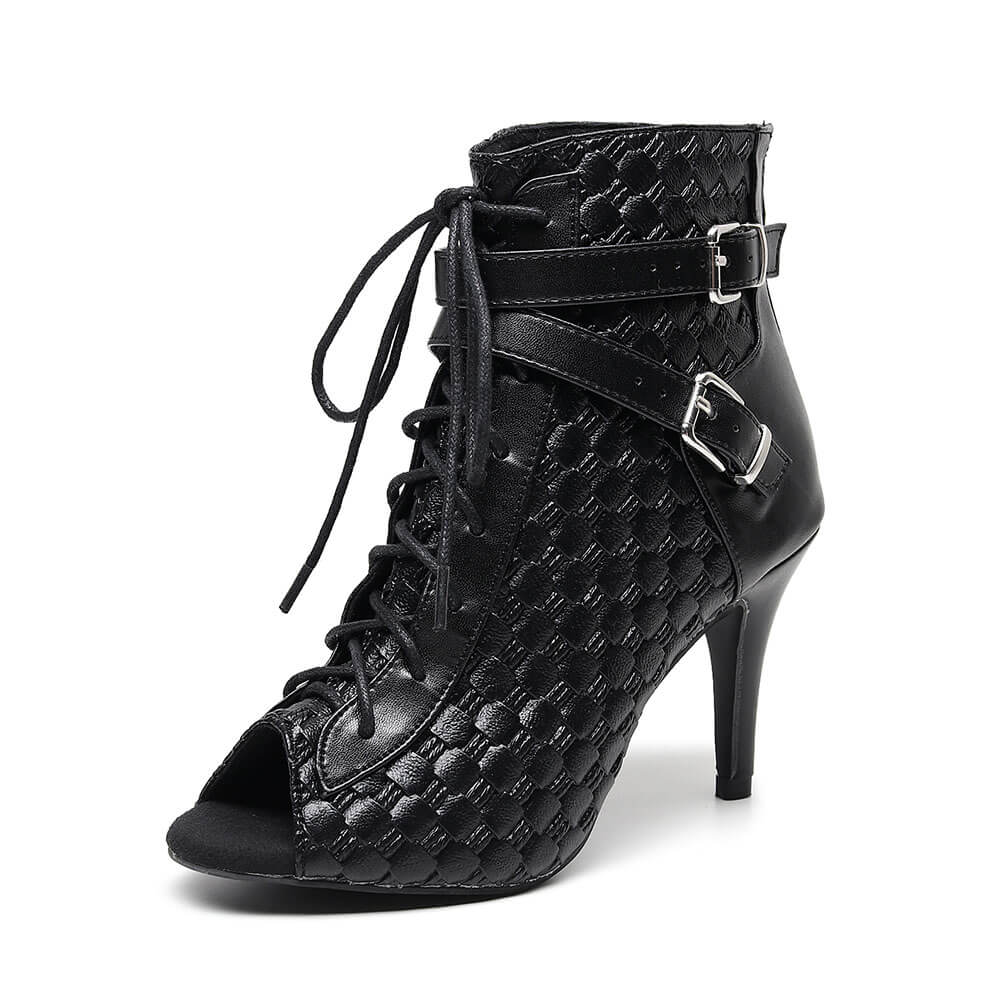 Stivali da ballo stringati da donna in pelle nera