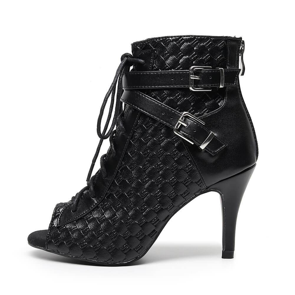 Stivali da ballo stringati da donna in pelle nera