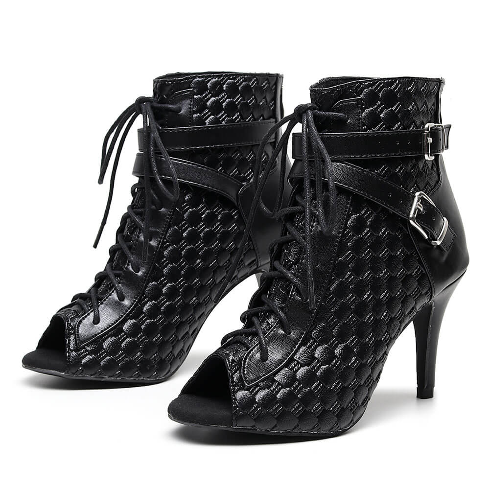 Stivali da ballo stringati da donna in pelle nera