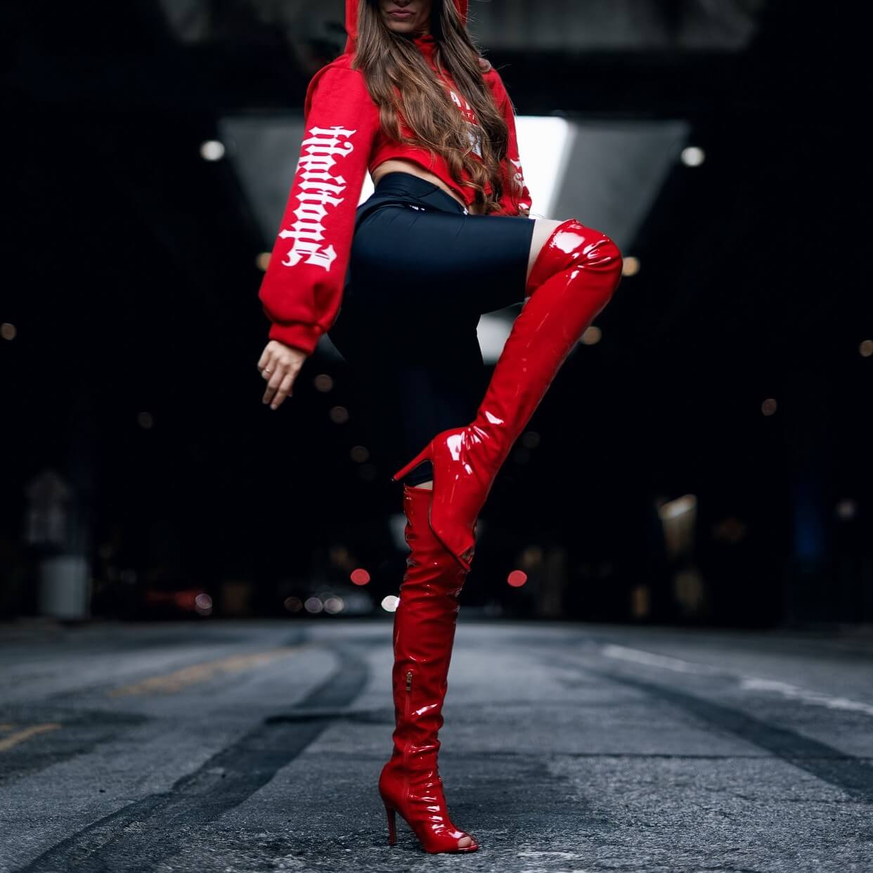 Stivali open-toe da donna rosso brillante