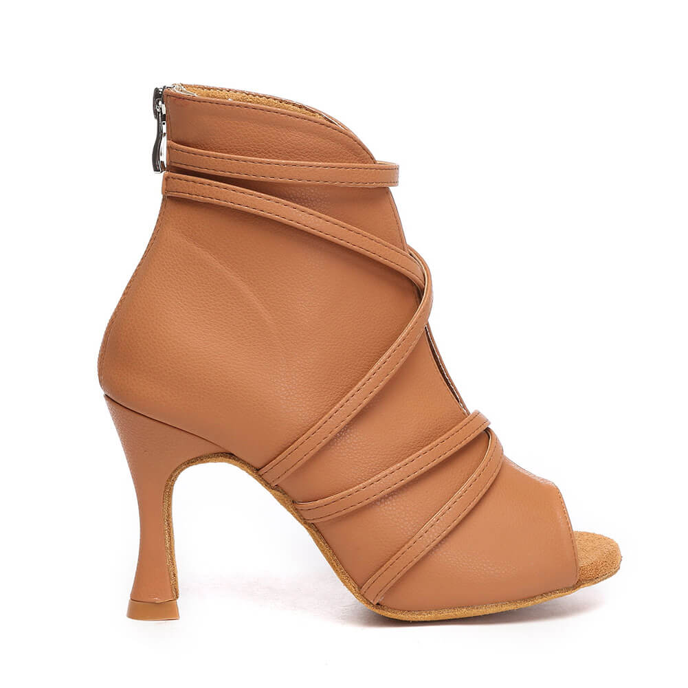 Stivali da ballo con cinturino avvolgente in pelle marrone da donna