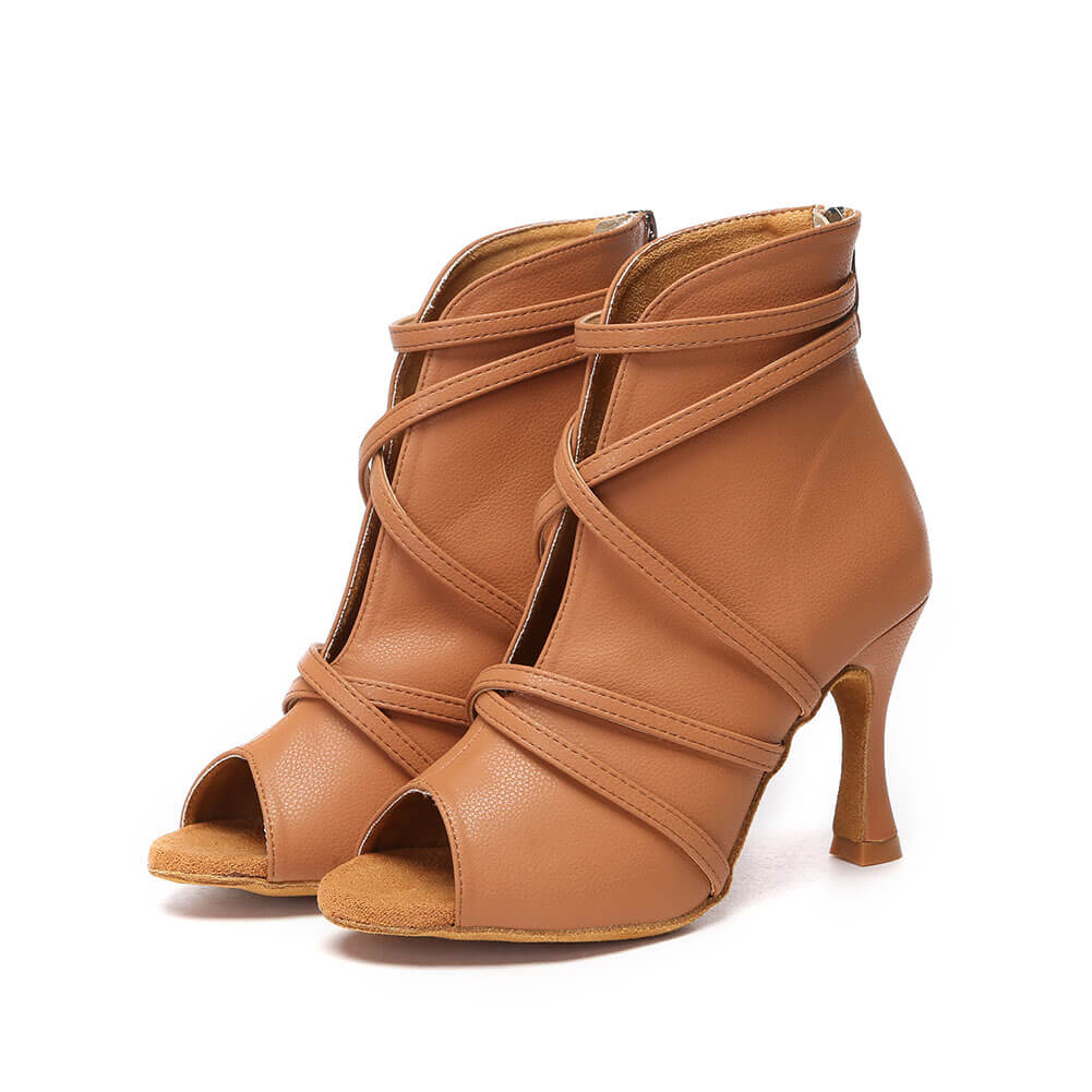 Stivali da ballo con cinturino avvolgente in pelle marrone da donna