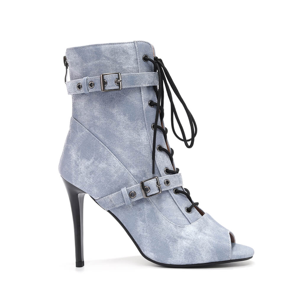 Stivali stiletto blu denim con fibbie laterali
