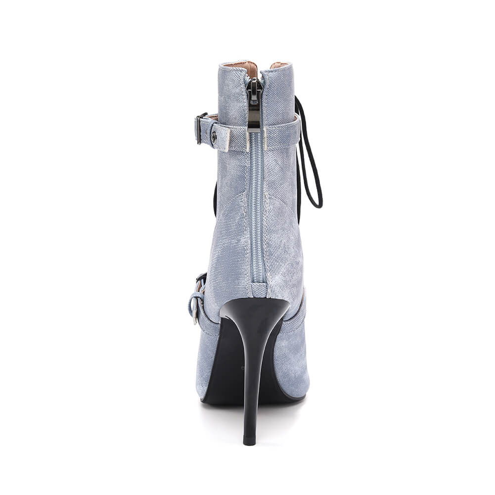 Stivali stiletto blu denim con fibbie laterali