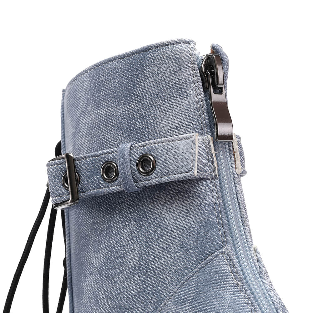 Stivali stiletto blu denim con fibbie laterali