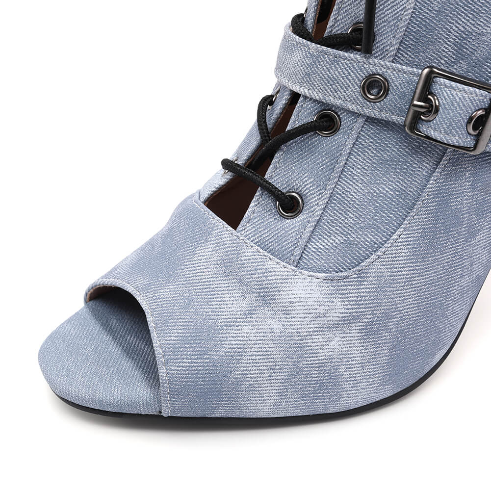 Stivali stiletto blu denim con fibbie laterali
