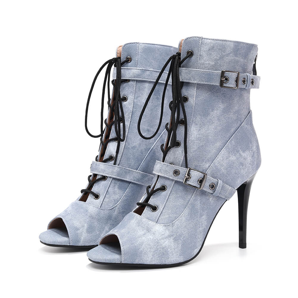 Stivali stiletto blu denim con fibbie laterali