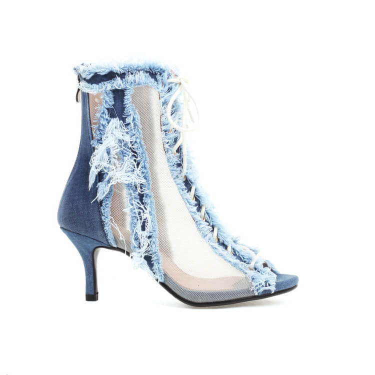 Stivali da ballo con tacco a spillo e bordo grezzo in denim