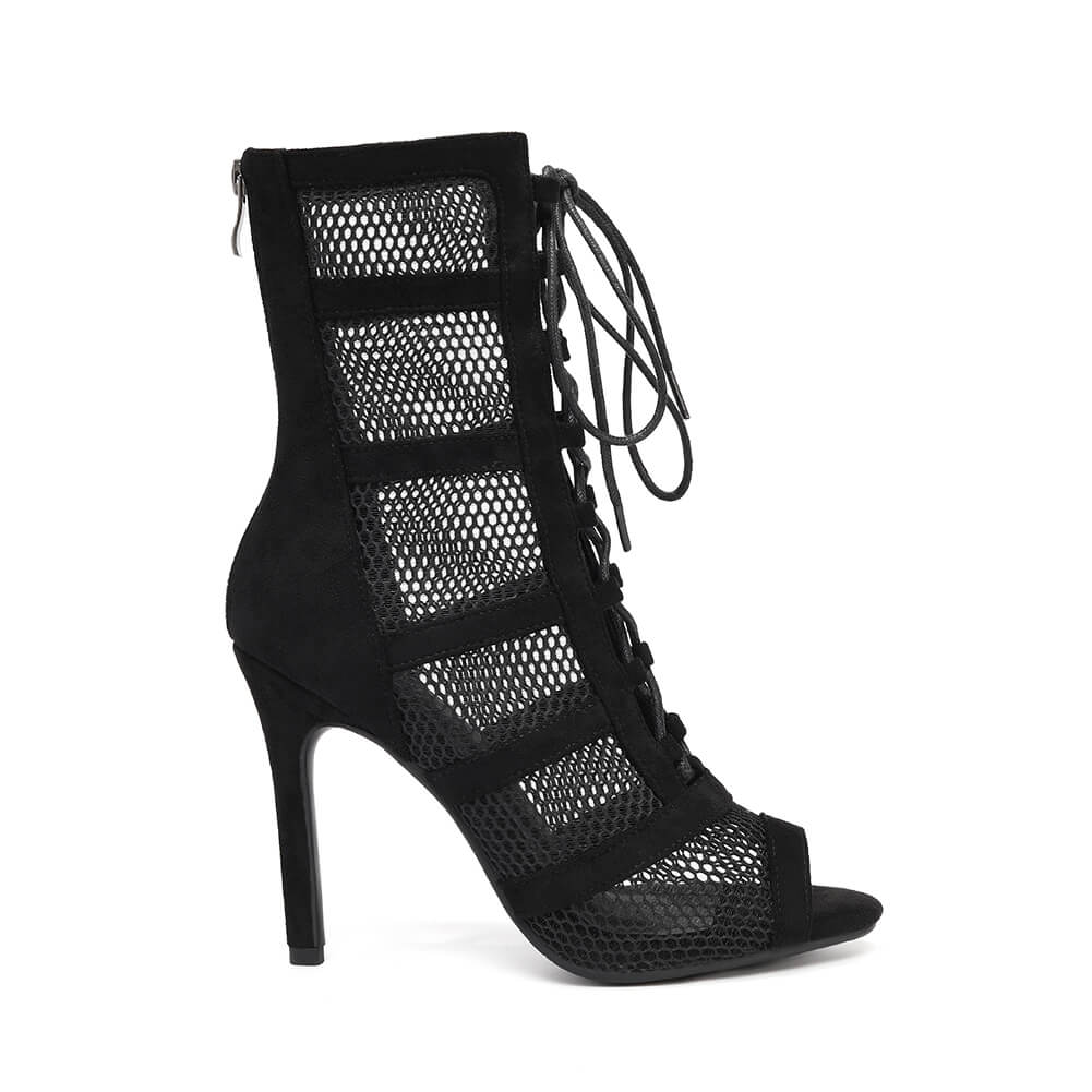 Stivali da ballo con tacco alto e punta aperta in rete cava