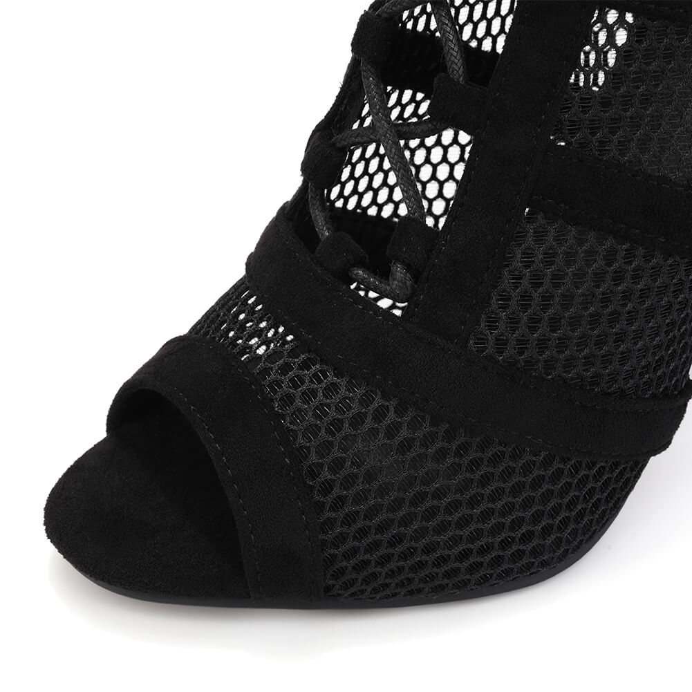 Stivali da ballo con tacco alto e punta aperta in rete cava