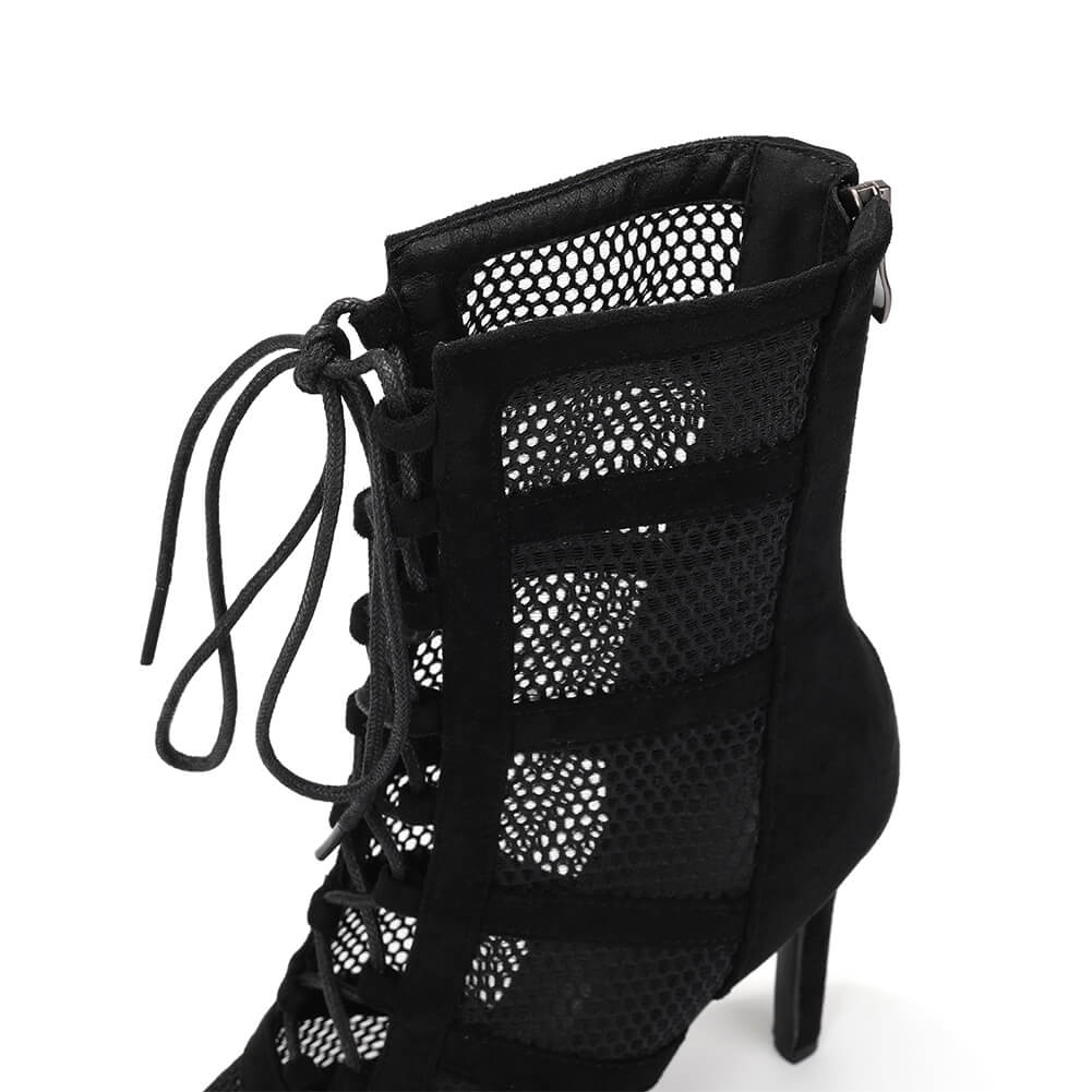 Stivali da ballo con tacco alto e punta aperta in rete cava