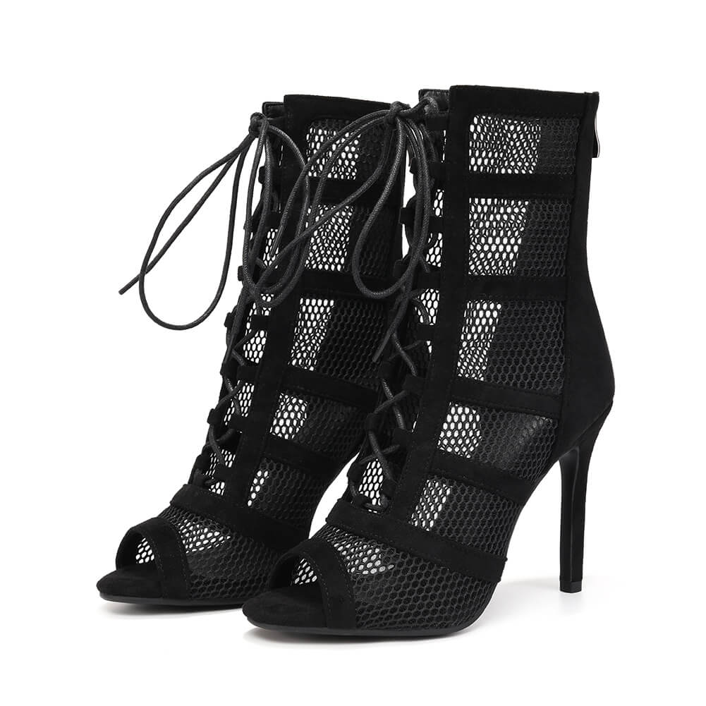 Stivali da ballo con tacco alto e punta aperta in rete cava