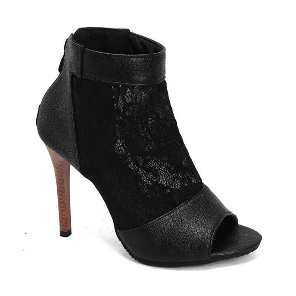 Stivali stiletto in pelle con pannelli in pizzo