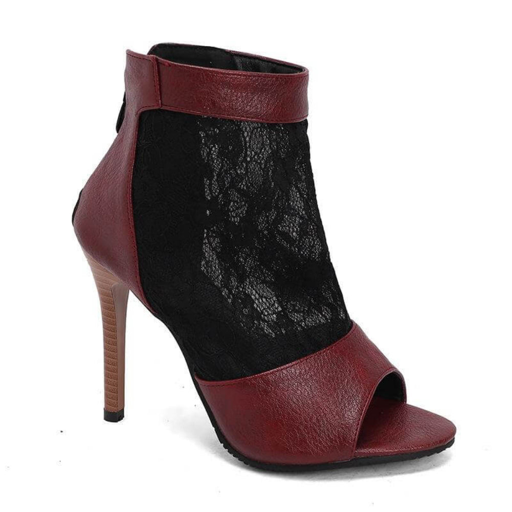 Stivali stiletto in pelle con pannelli in pizzo