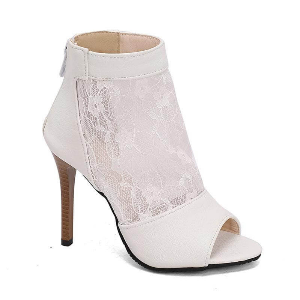 Stivali stiletto in pelle con pannelli in pizzo