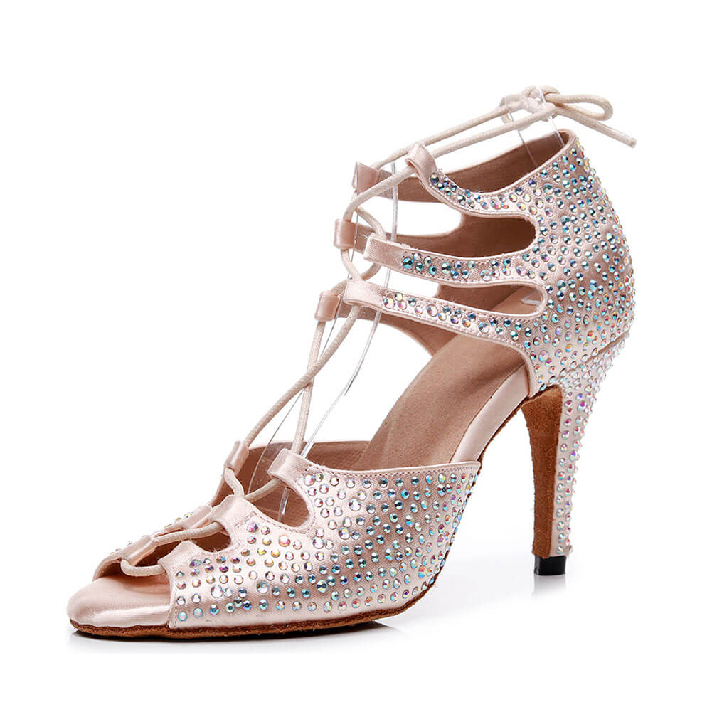Stivali da ballo color nudo con lacci in cristallo