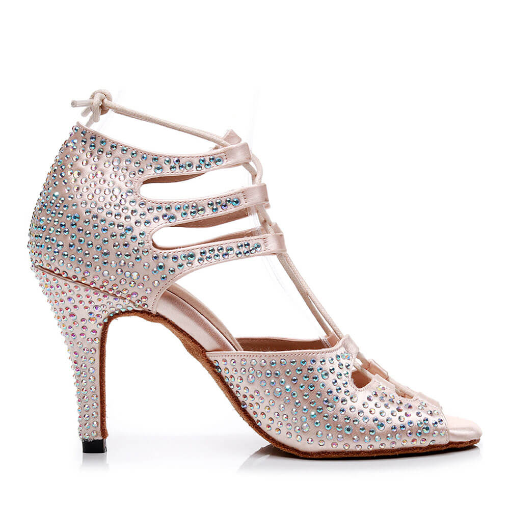 Stivali da ballo color nudo con lacci in cristallo