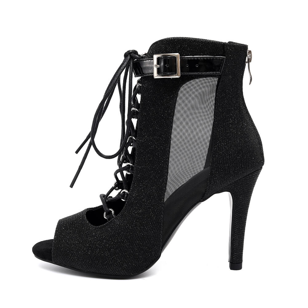 Stivali da ballo neri con lacci e glitter, con tacco alto, da donna