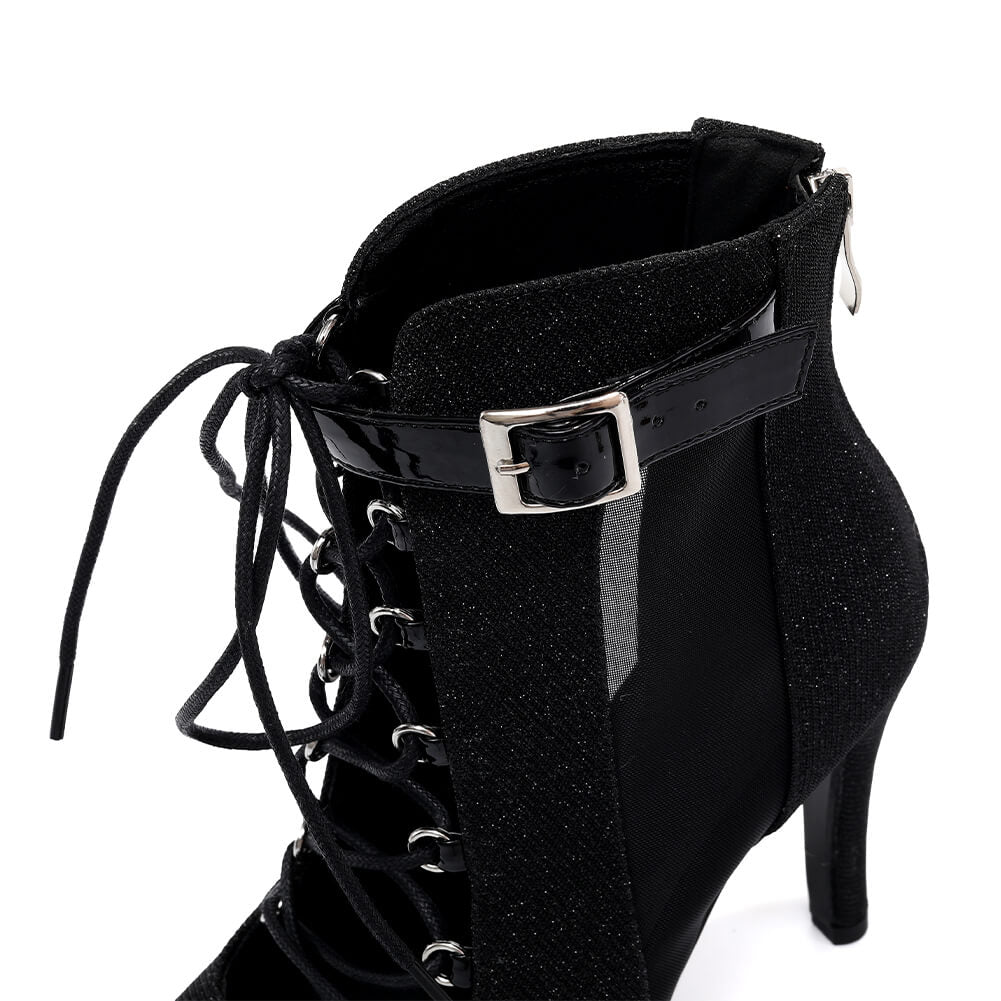 Stivali da ballo neri con lacci e glitter, con tacco alto, da donna