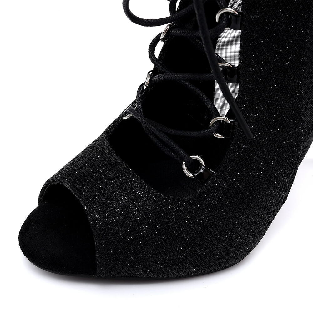 Stivali da ballo neri con lacci e glitter, con tacco alto, da donna