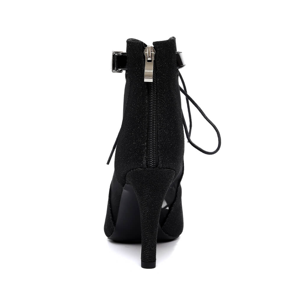 Stivali da ballo neri con lacci e glitter, con tacco alto, da donna